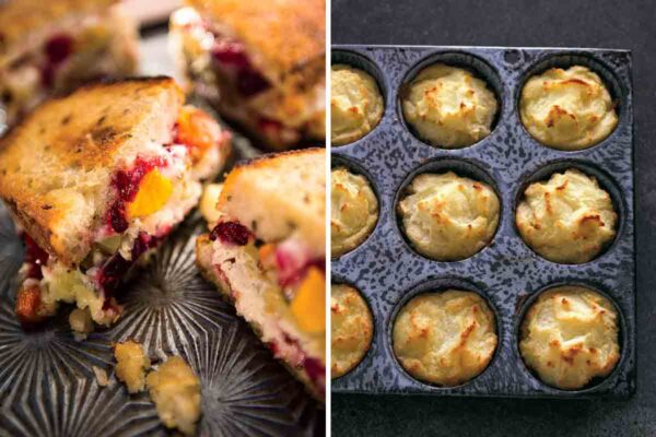 A halved toasted turkey sandwich and a muffin tin filled with browned mashed potatoes.