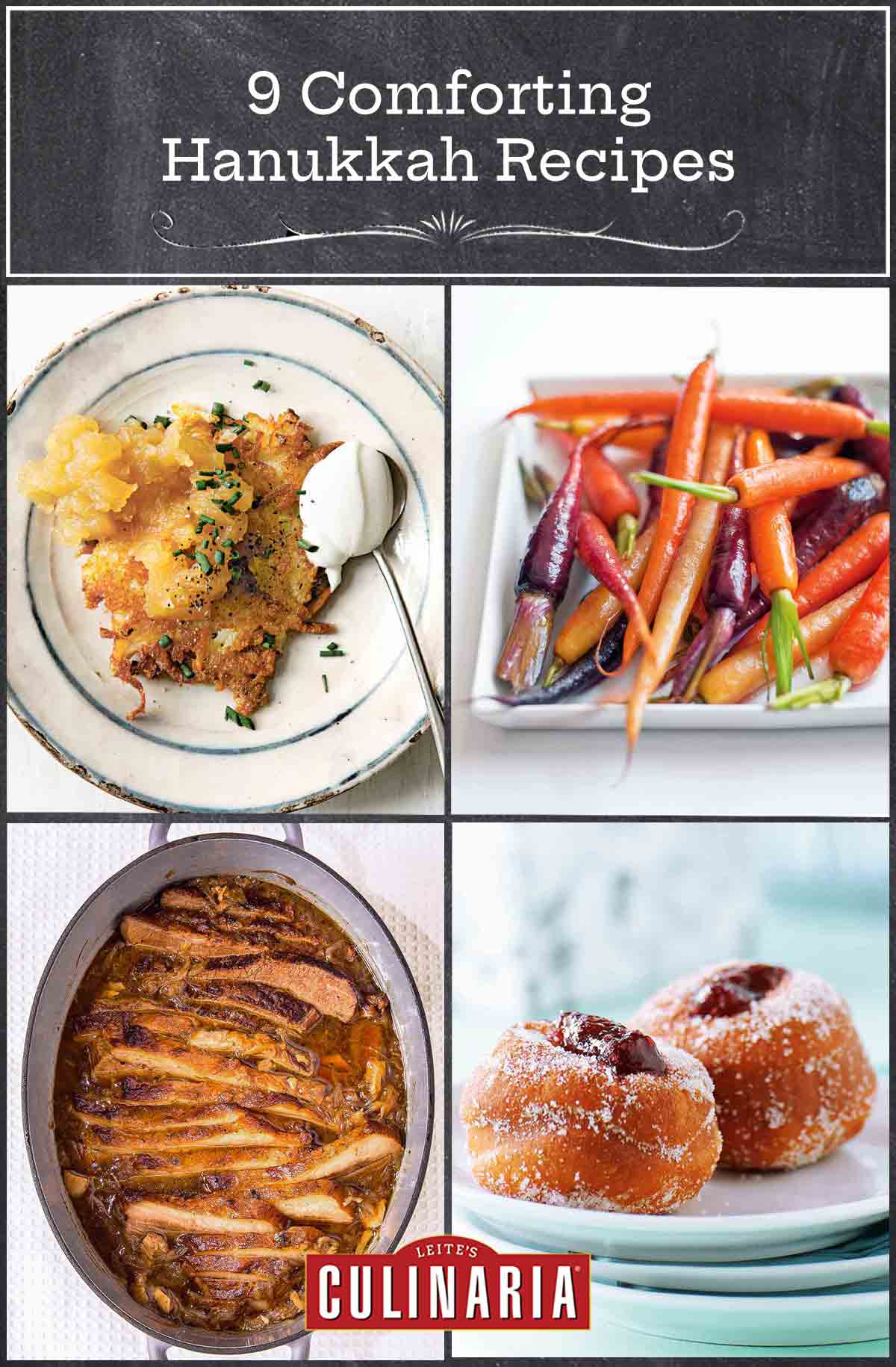 Four plates: potato latkes, candied carrots, brisket, and jelly doughnuts.
