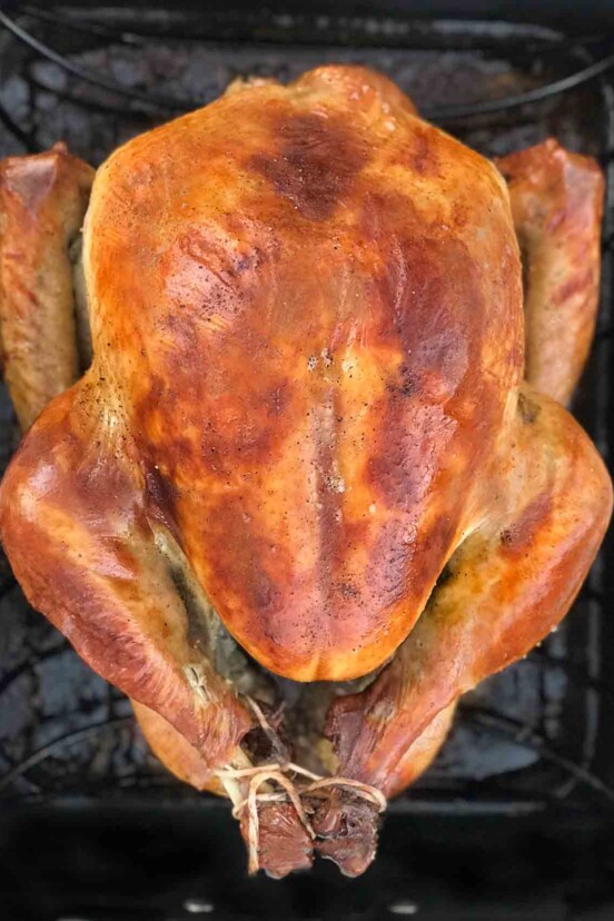 A perfect roast turkey on a rack in a roasting pan.