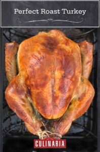 A perfect roast turkey on a rack in a roasting pan.