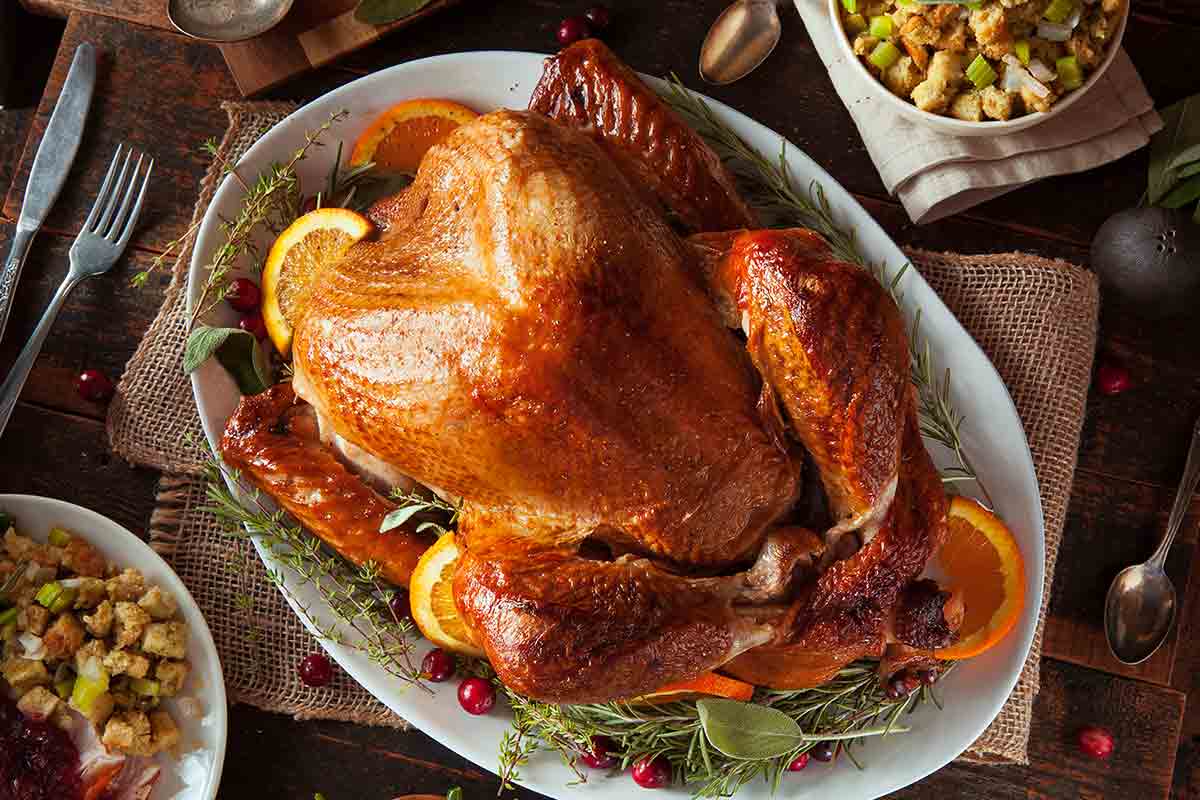 A whole roast turkey on an oval serving platter with cranberries, fresh herbs, and orange slices tucked around it.