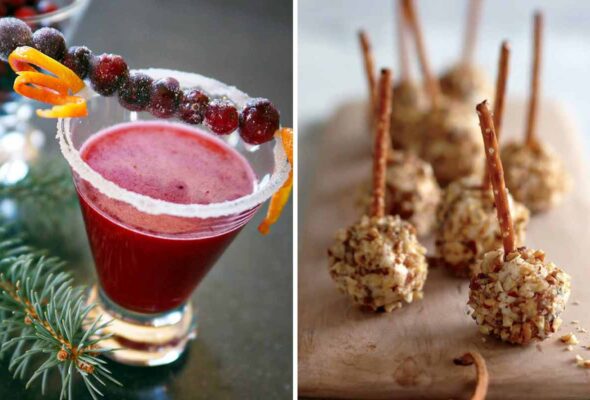 A cranberry margarita with a skewer of cranberries on top and several blue cheese balls coated with nuts with pretzel sticks as handles.