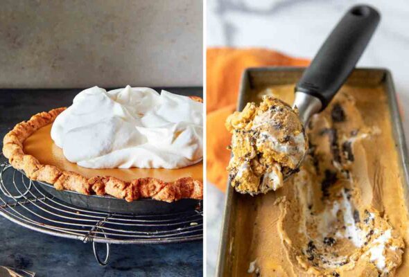 A maple cream pie topped with whipped cream and a scoop of pumpkin meringue pie ice cream.