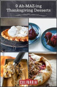A maple cream pie topped with whipped cream, two plates of red wine poached pears, a scoop of pumpkin meringue pie ice cream, and a cranberry apple crostata.