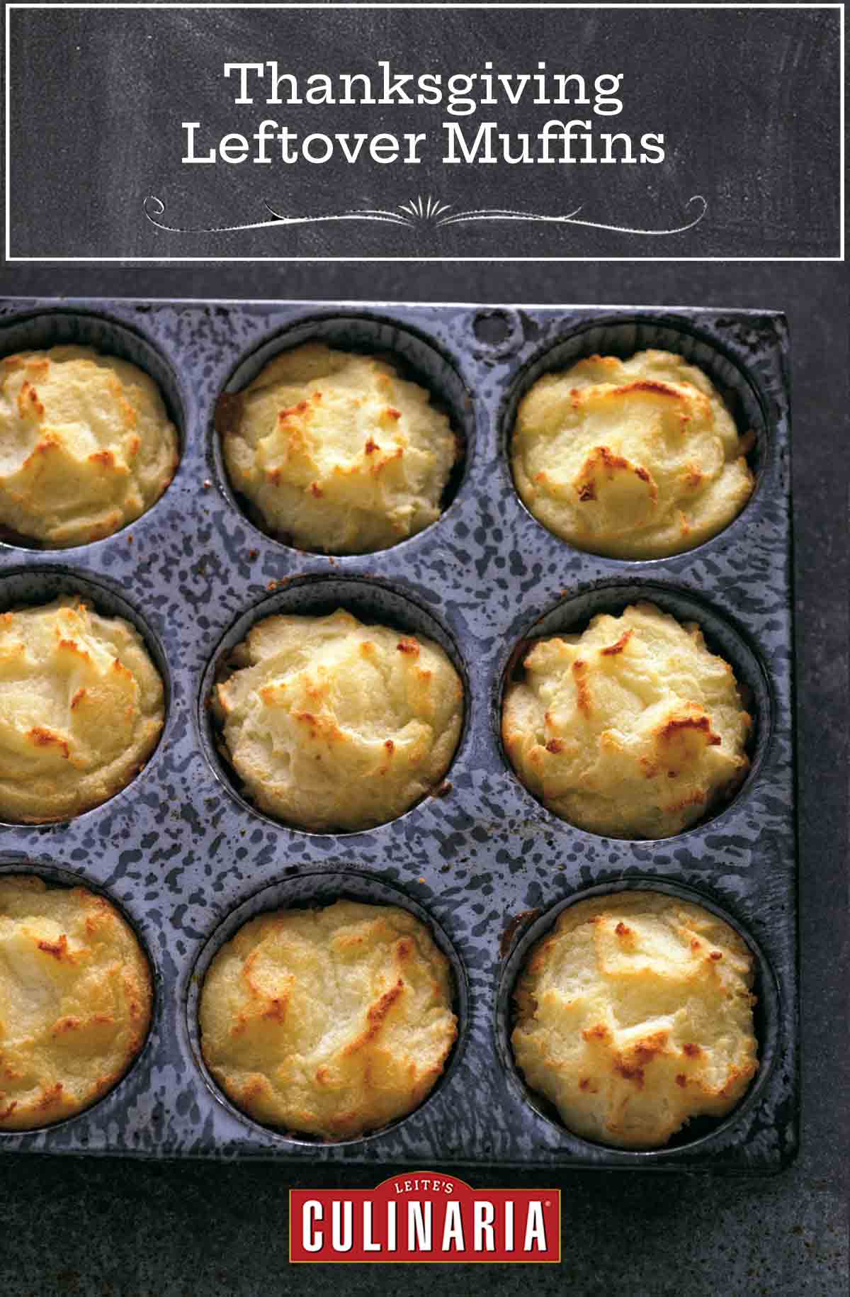A muffin tin filled with cooked Thanksgiving leftovers muffins.