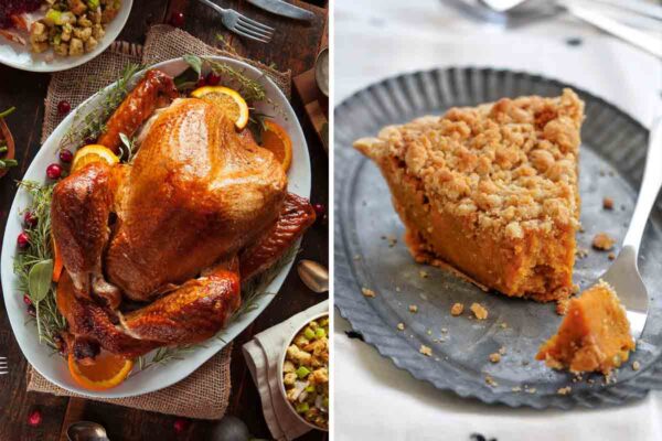Two Thanksgiving dishes: turkey on a platter and a baking tin with rolls.