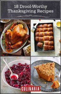 Four Thanksgiving dishes: turkey on a platter, a baking tin with rolls, a bowl of cranberry sauce, and pumpkin pie.