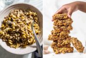 A bowl of creamy ground pork and egg noodles and a stack of breakfast cookies.