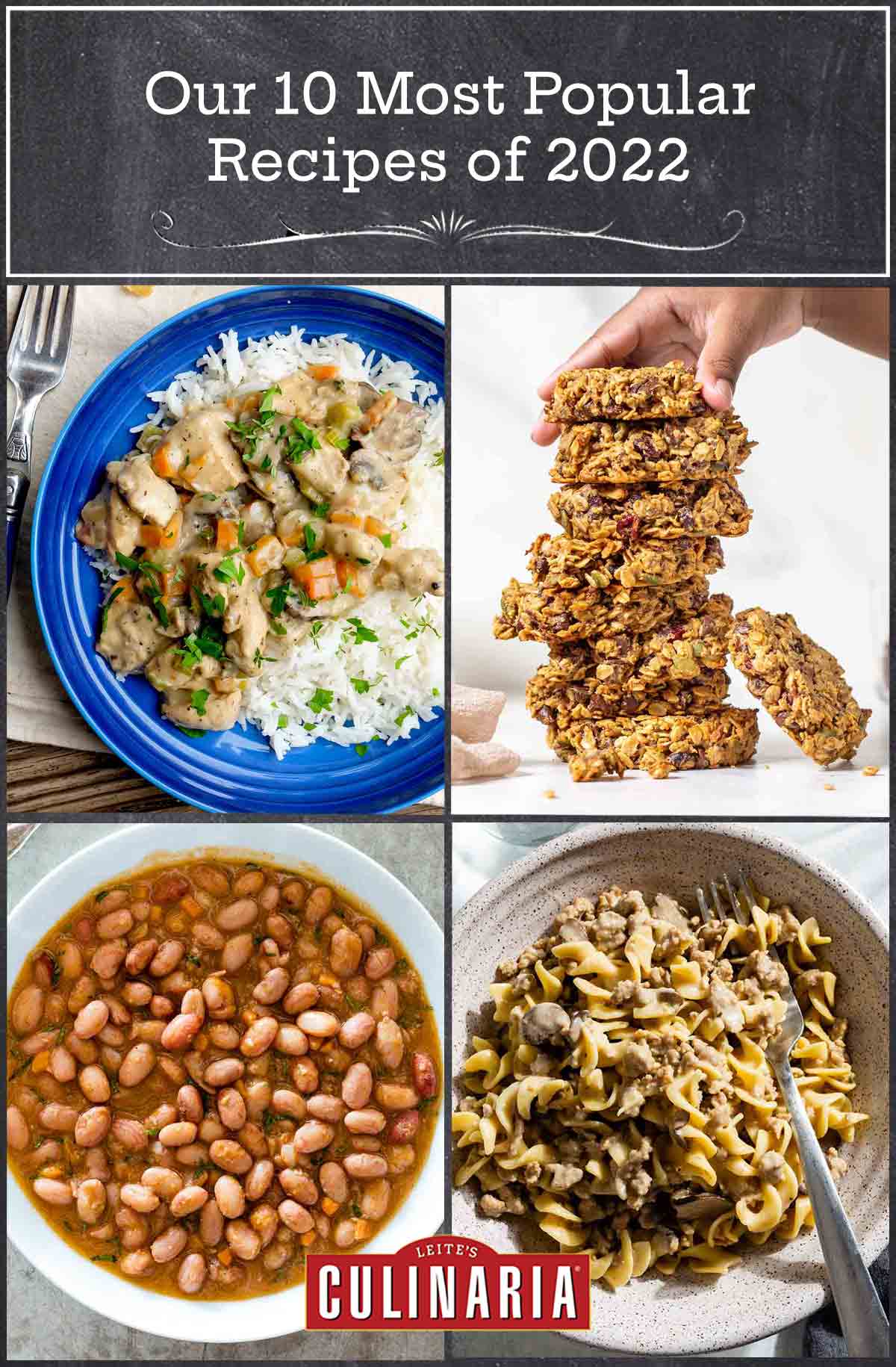 A plate of chicken stew and rice, a stack of breakfast cookies, a bowl of beans, and a bowl of creamy noodles and ground pork.