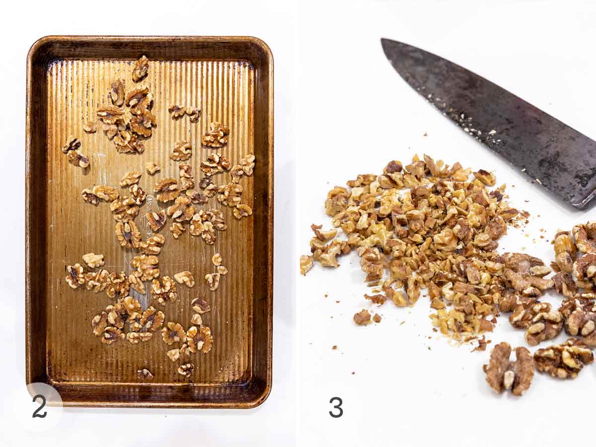 Walnuts on a baking sheet and chopped walnuts with a knife on the side.