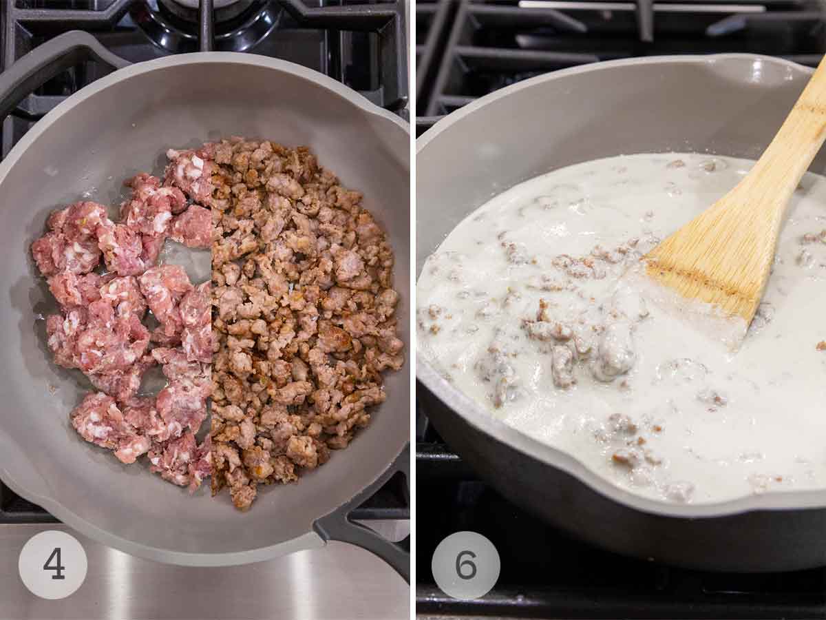 Uncooked and cooked, browned sausage in a skillet, and cooked sausage in a blue cheese sauce in a skillet.