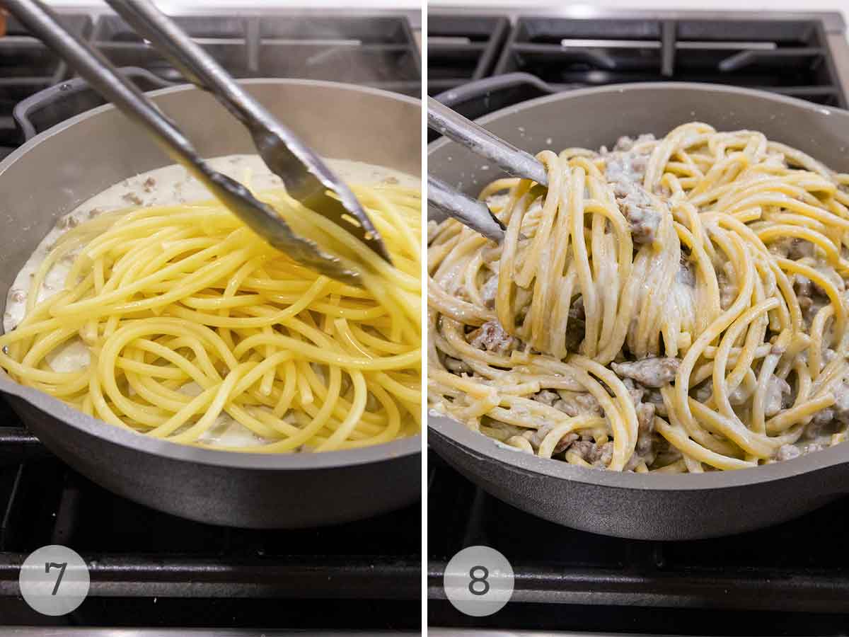 Pasta being added to a skillet of creamy sausage sauce and the finished pasta being twirled in the pasta with tongs.