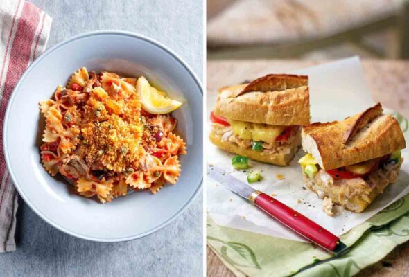 A bowl of bowtie pasta with tuna and bread crumbs on top and a halved tuna melt on a piece of parchment.