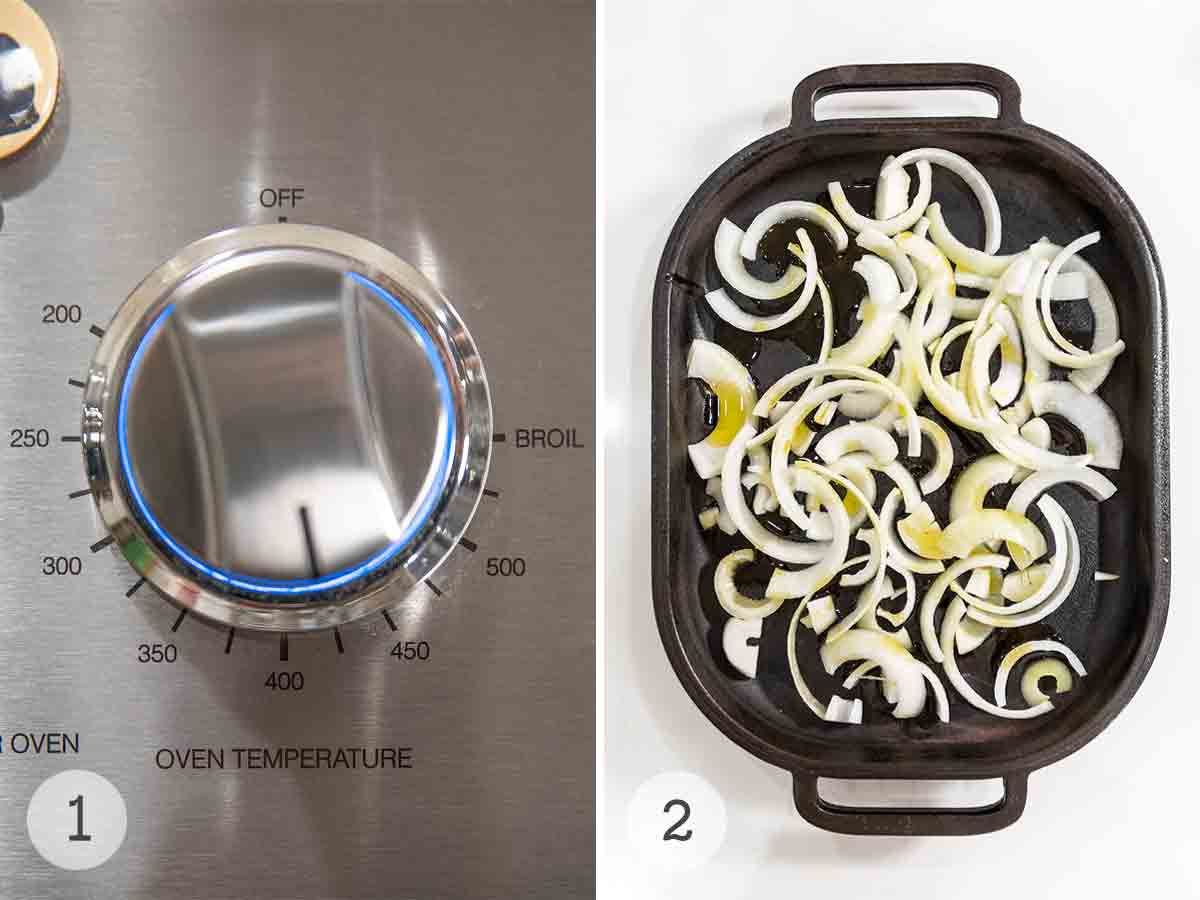 An oven dial set to 425°F and a small roasting pan filled with sliced onions drizzled with olive oil.