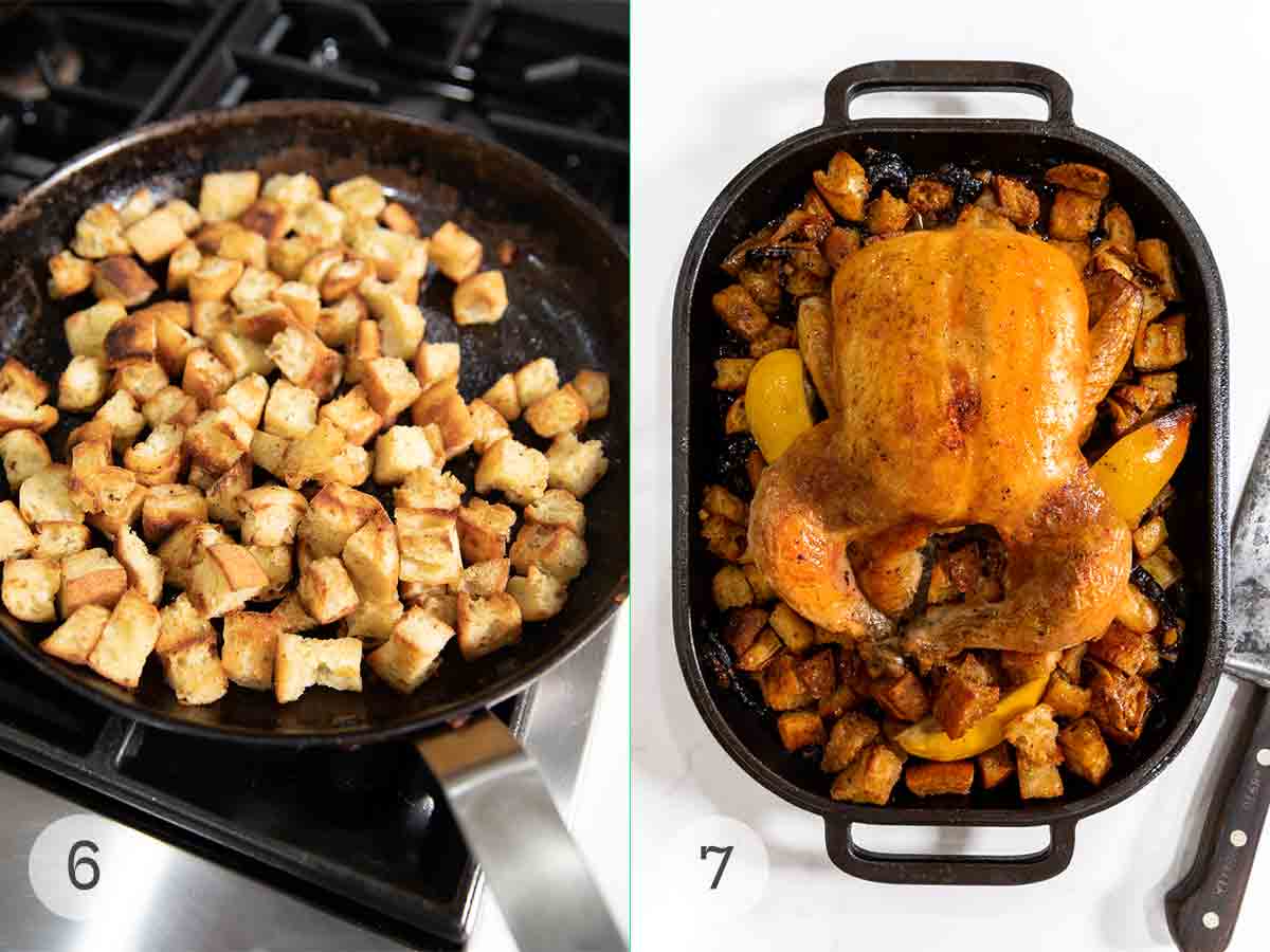 A skillet filled with toasted croutons and a small roasting pan with a cooked whole chicken on top of lemon wedges and croutons.