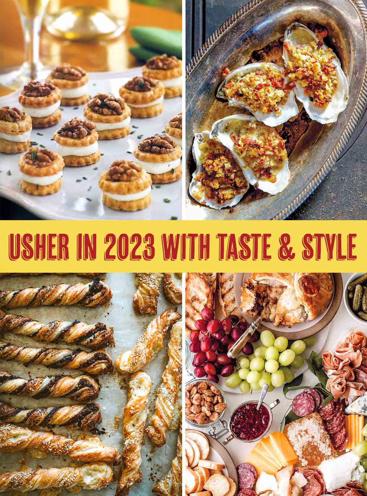 A collection of foods for nibbling, including shortbreads filled with cheese, a charcuterie board, pastry twists, and oysters.