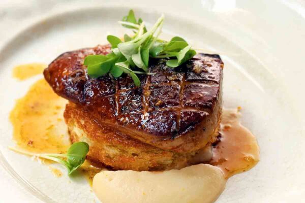 A plate with a large piece of seared foie gras topped with watercress and apple puree on the side.