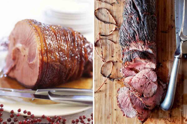 A grilled beef tenderloin and a spiral ham.