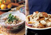 Two images: Chinese noodles in a bowl on the left; a man's hands holding pork dumplings on the right.