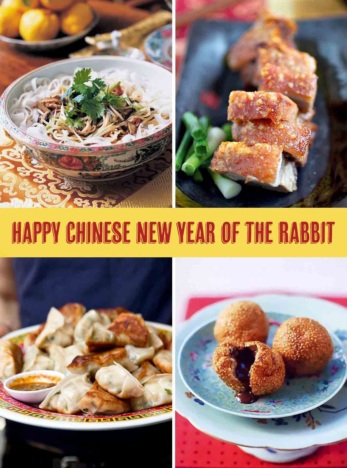 Four images: Chinese noodles in a bowl, roasted pork belly on a black plate, a man's hands holding pork dumplings, sesame pastry balls filled with chocolate.