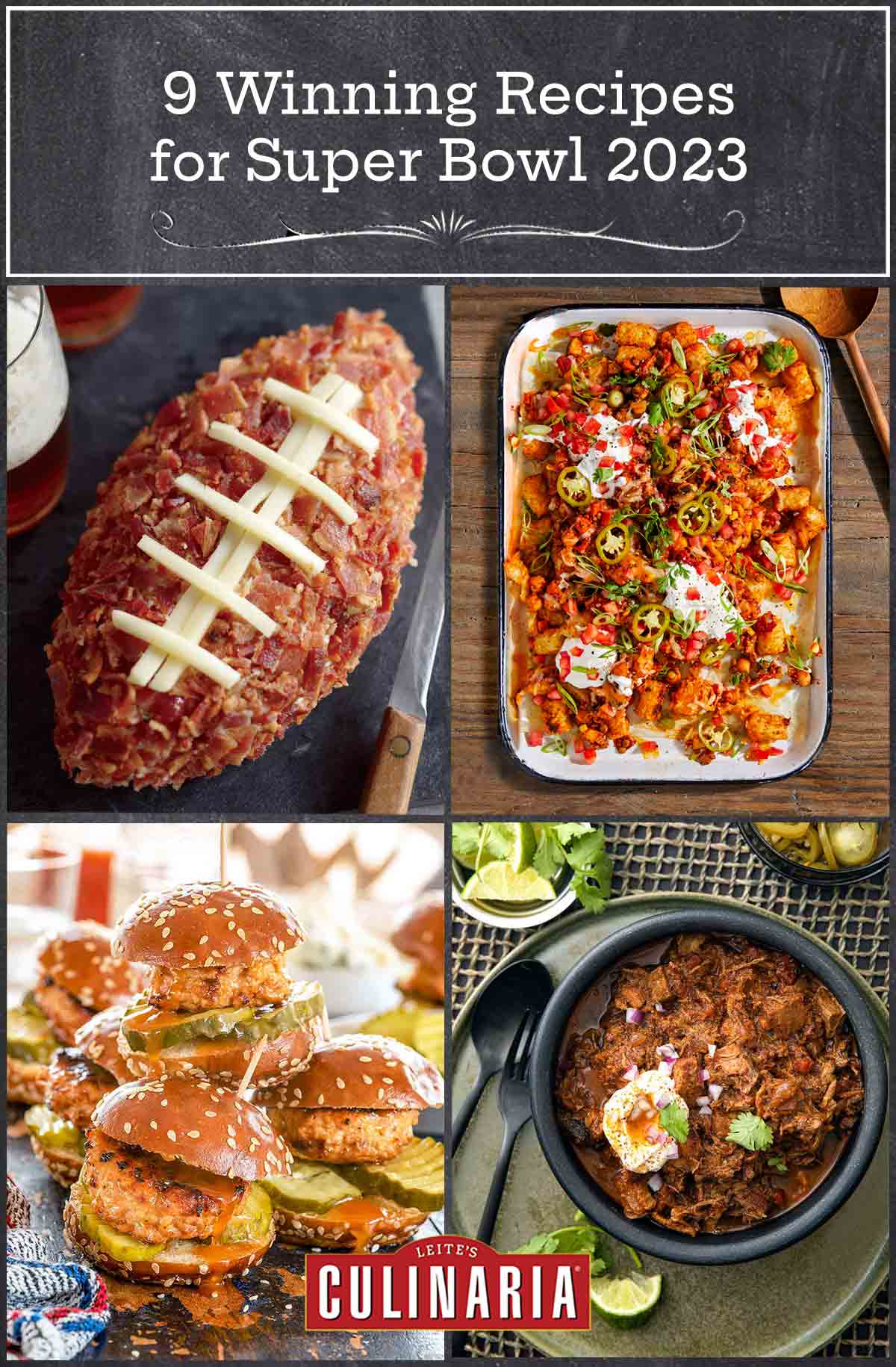 A football-shaped cheese ball, a tray of totchos, a pile of chicken sliders, and a bowl of chili.