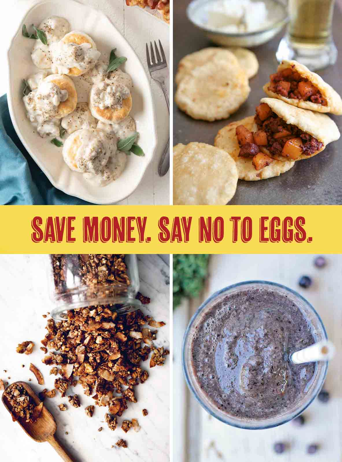 A platter of biscuits and gravy, tortillas stuffed with chorizo and potatoes, a jar of granola on its side, and a blueberry smoothie.