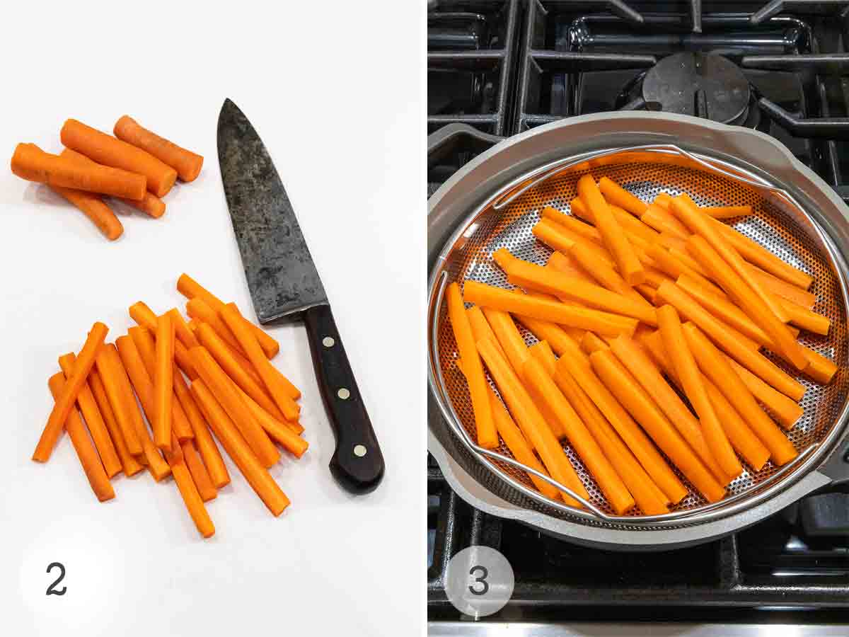 Some carrots, a knife, and carrot sticks as well as a steamer basket with carrot sticks in it.