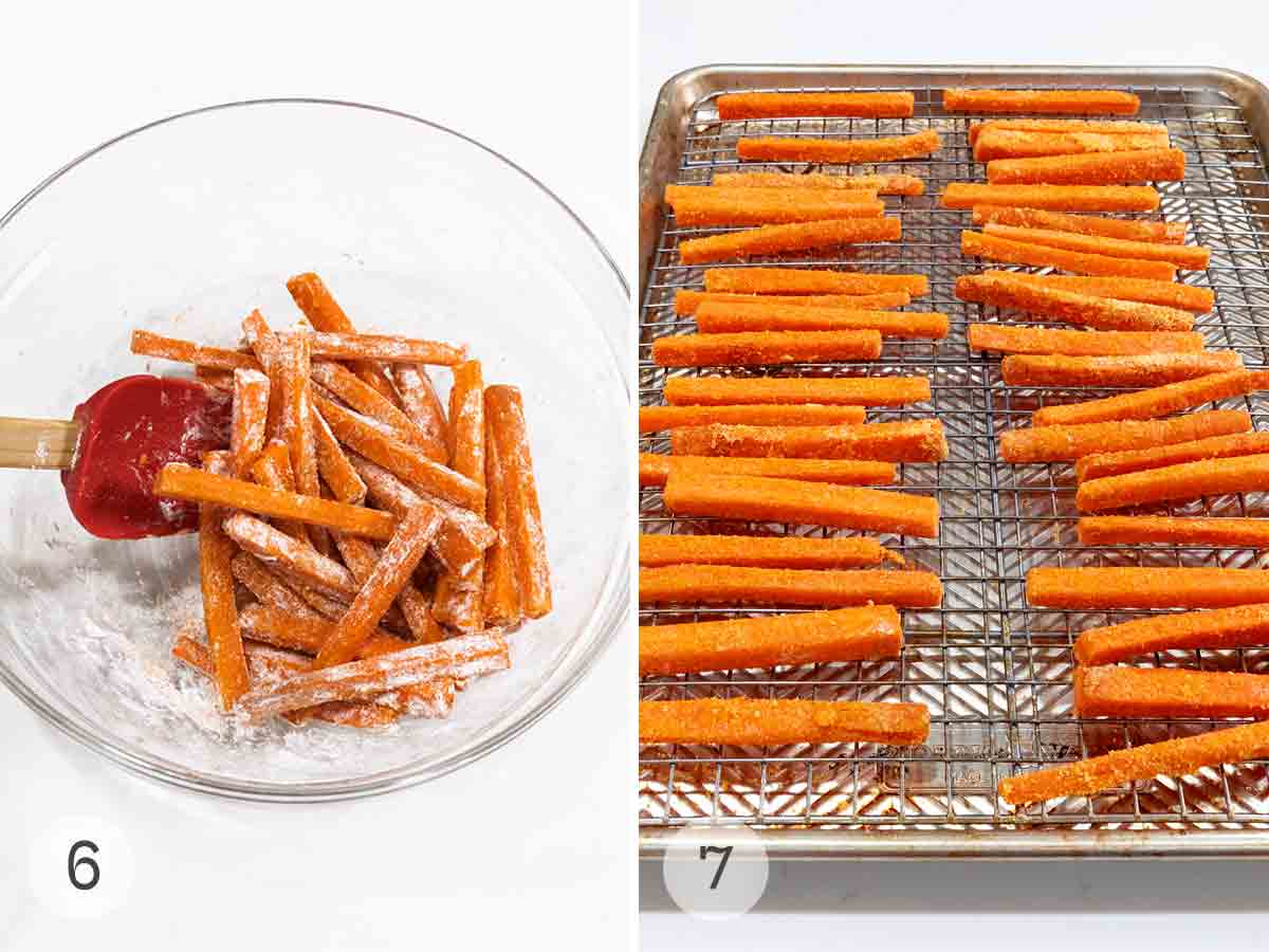 A bowl of carrot sticks being tossed in a coating and a baking sheet with the sticks in one layer.