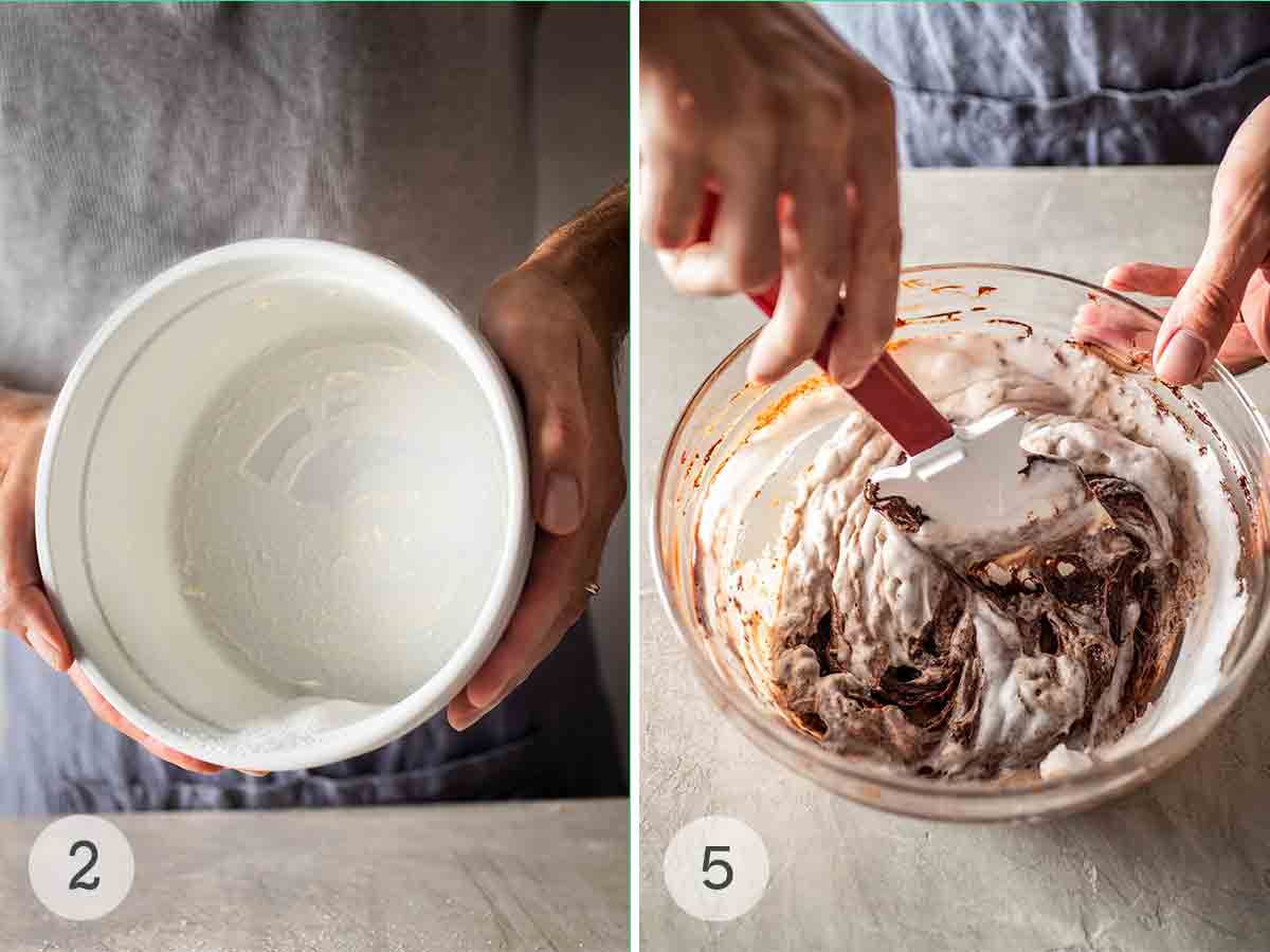 Steg för att göra chokladsufflé: Överdrag fatet och vik ner äggvitorna i chokladsmeten.