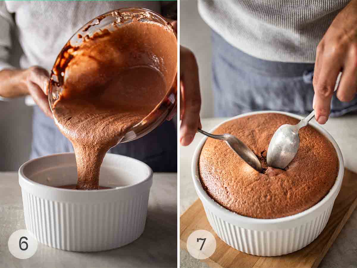Steps for making chocolate souffle: Batter being poured into a dish and a person opening the souffle with two spoons.