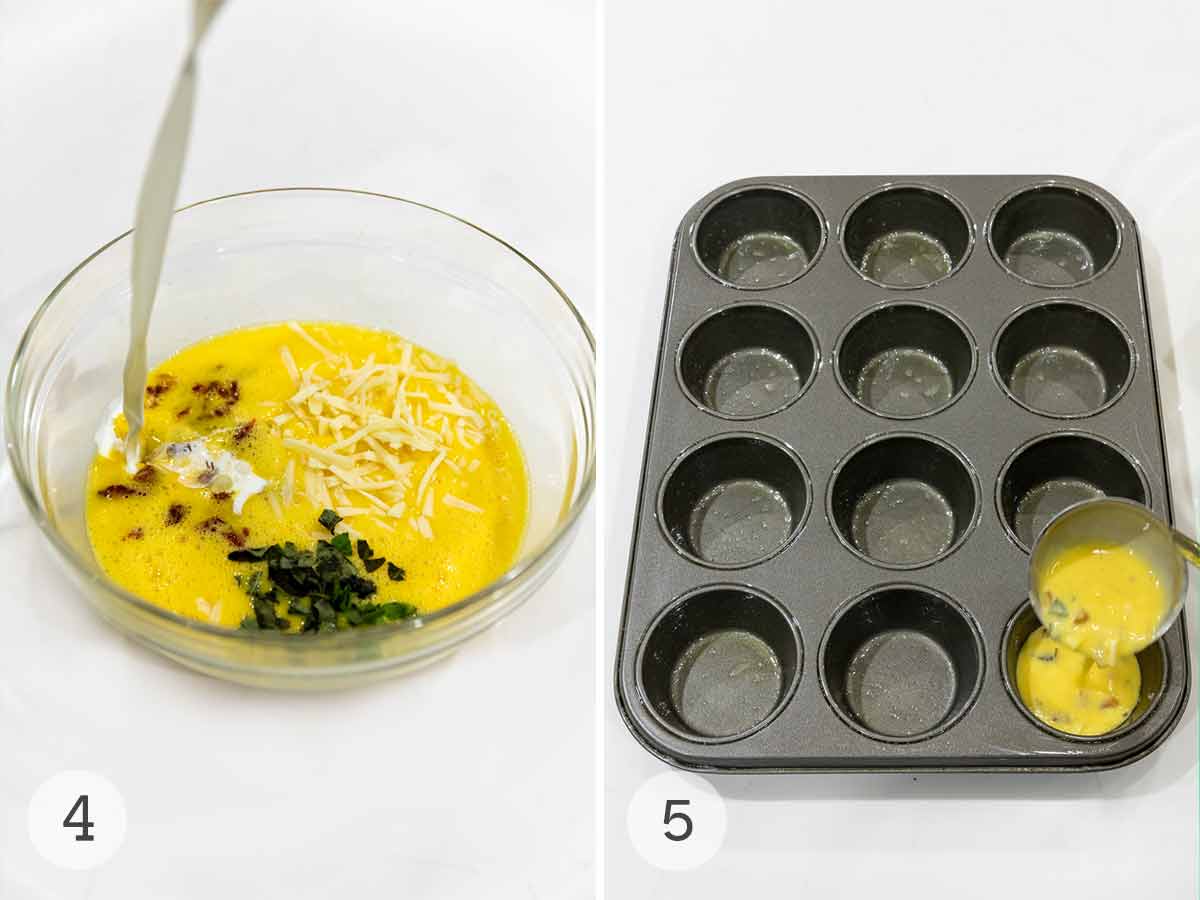 A bowl with raw eggs, sun-dried tomatoes, basel and cream being poured in; a muffin tray being filled with eggs.