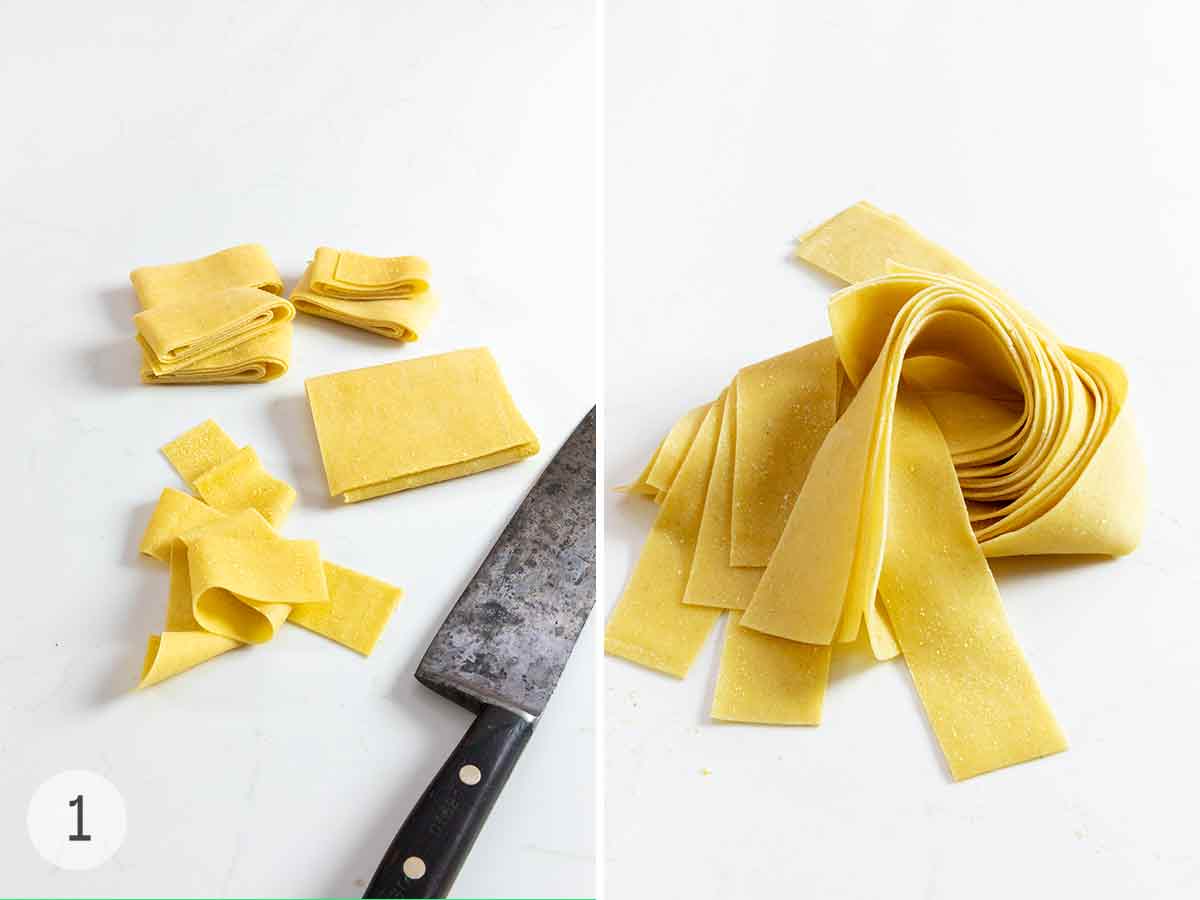 Fresh lasagne sheets being sliced into wide ribbons.
