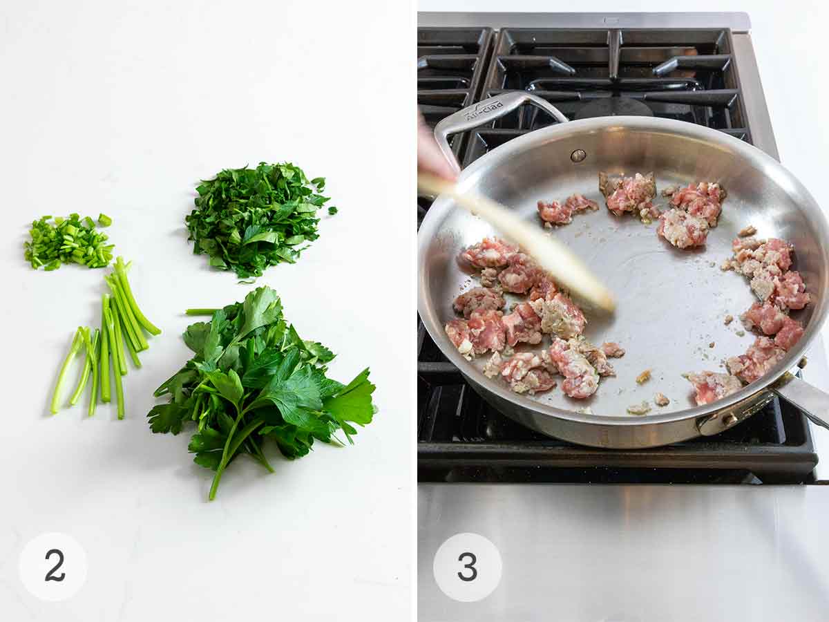 A bunch of fresh parsley being chopped and separated into stems and leaves and a skillet of browning sausage.