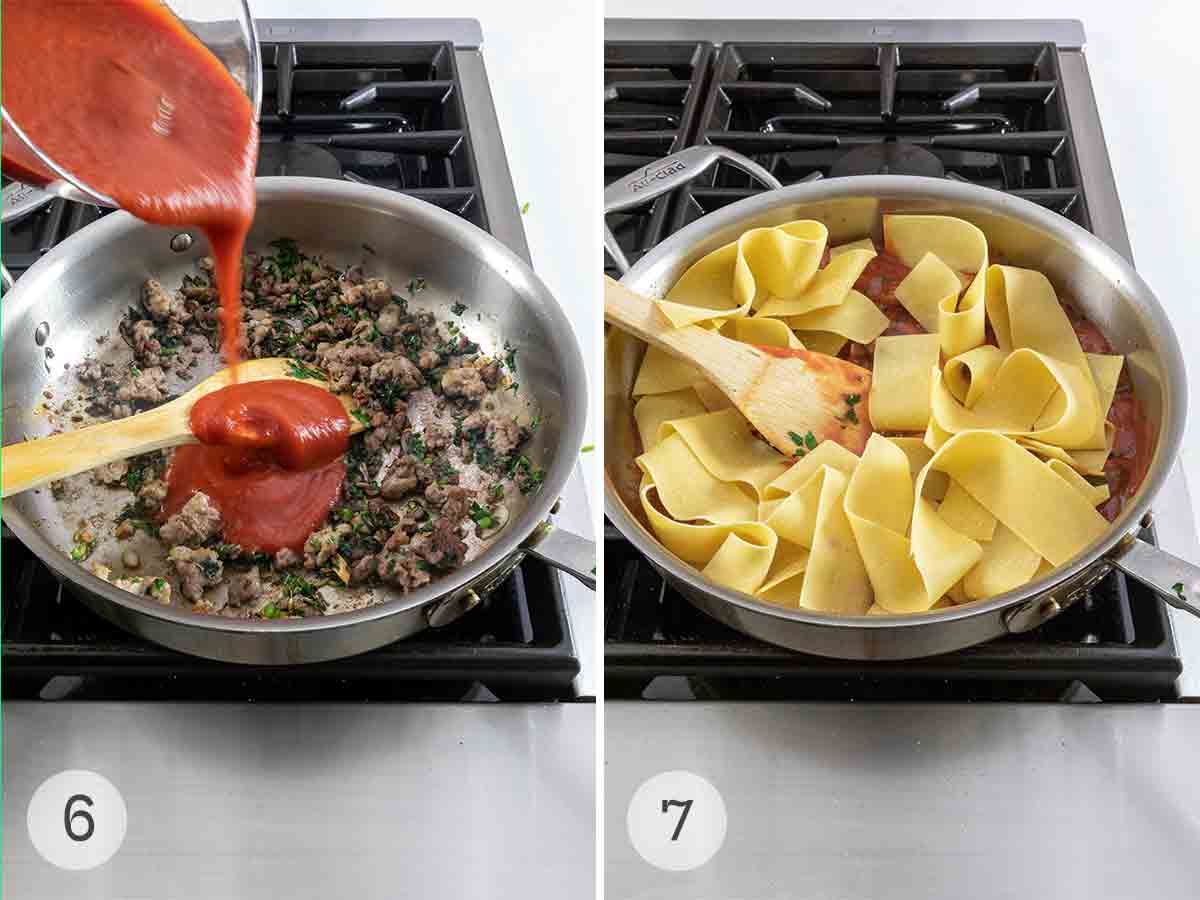 Passata and noodles being added to a skillet with sausage and parsley.