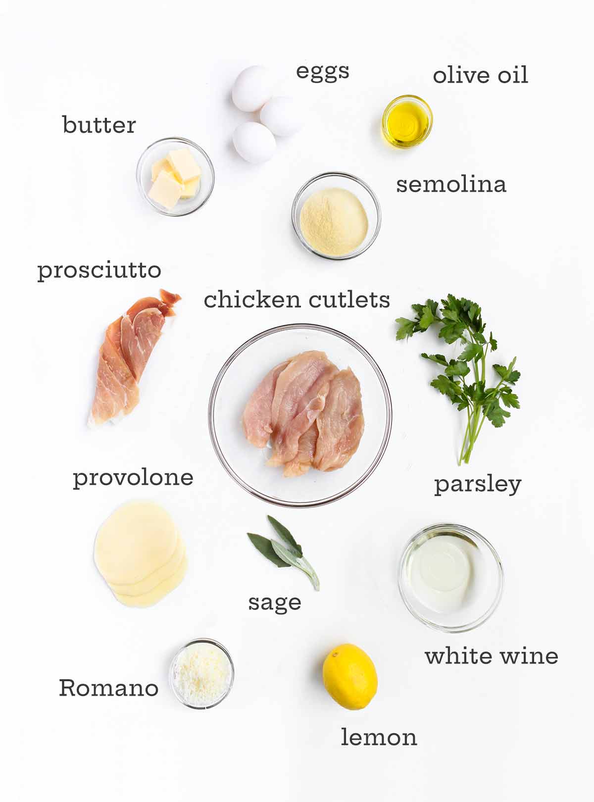 Ingredients for chicken saltimbocca--chicken, eggs, cheese, herbs, olive oil, wine, butter, and prosciutto.