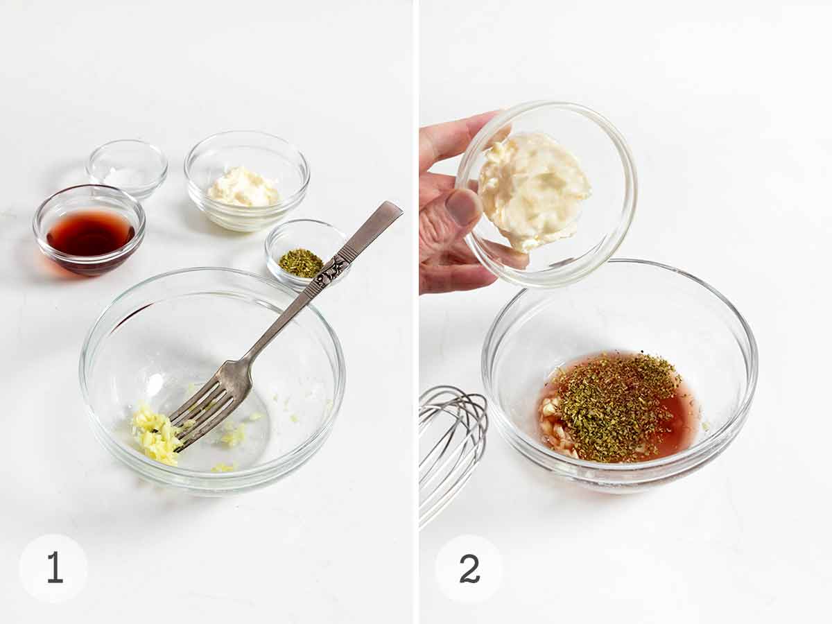 Italian salad dressing steps -- garlic being mashed and bowls of vinegar, sugar, mayo, and parsley in the back ground.