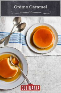 Three plates, each with a crème caramel on them with spoons resting on the side.