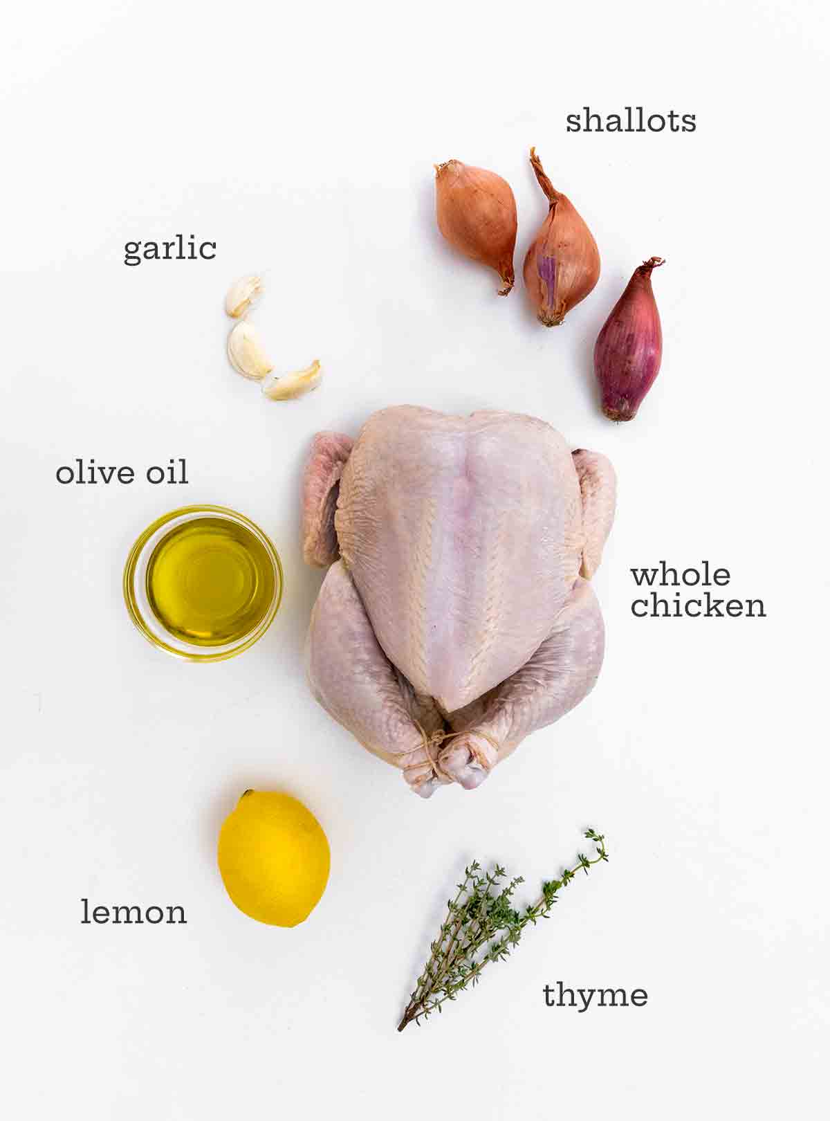 A whole chicken, shallots, garlic cloves, olive oil, a lemon, and some thyme on a white background.