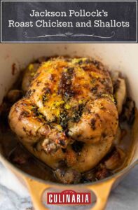 A large yellow Dutch oven with a roast chicken on a bed of cooked shallots, topped with lemon zest and herbs.