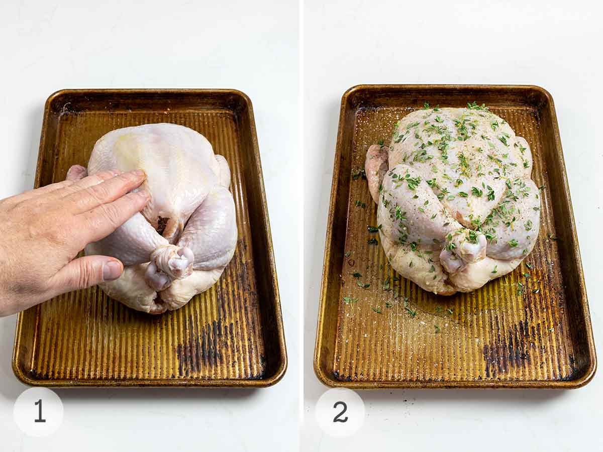 A raw chicken being rubbed with oil and sprinkled with thyne, salt, and pepper.