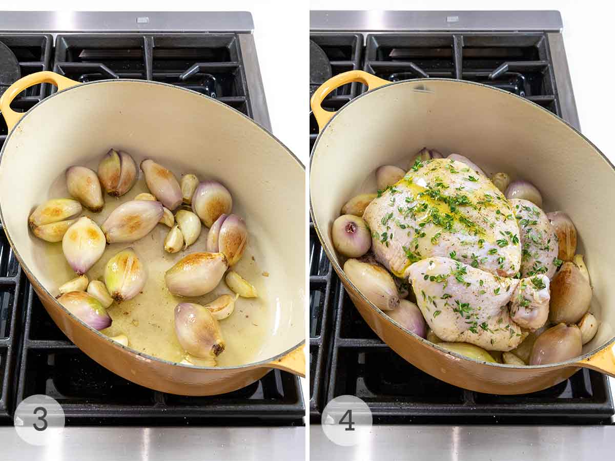 A yellow pot of raw chicken and shallots, ready for the oven.