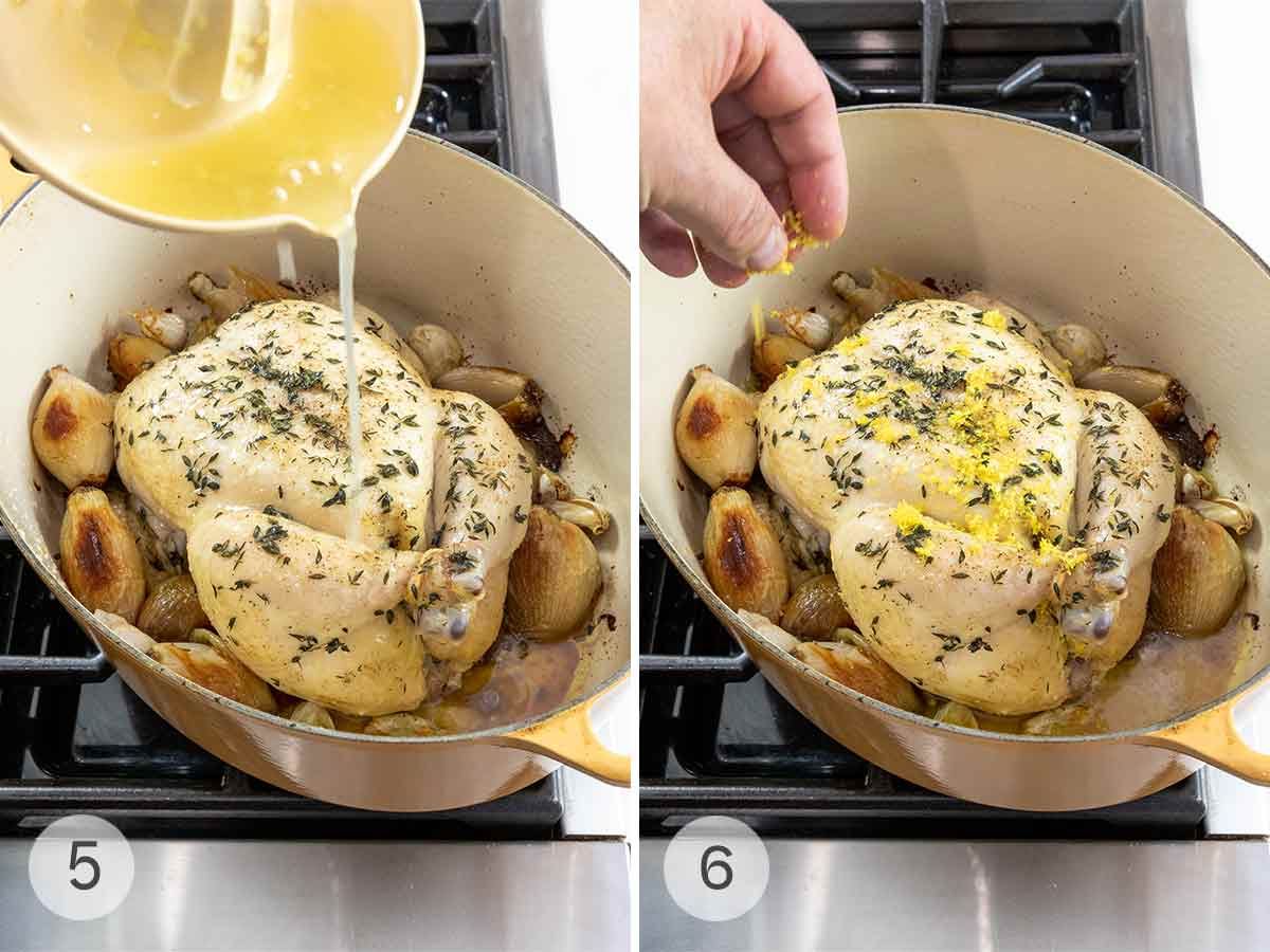 Lemon juice and zest being poured over a roast chicken and shallots in a yellow pot.