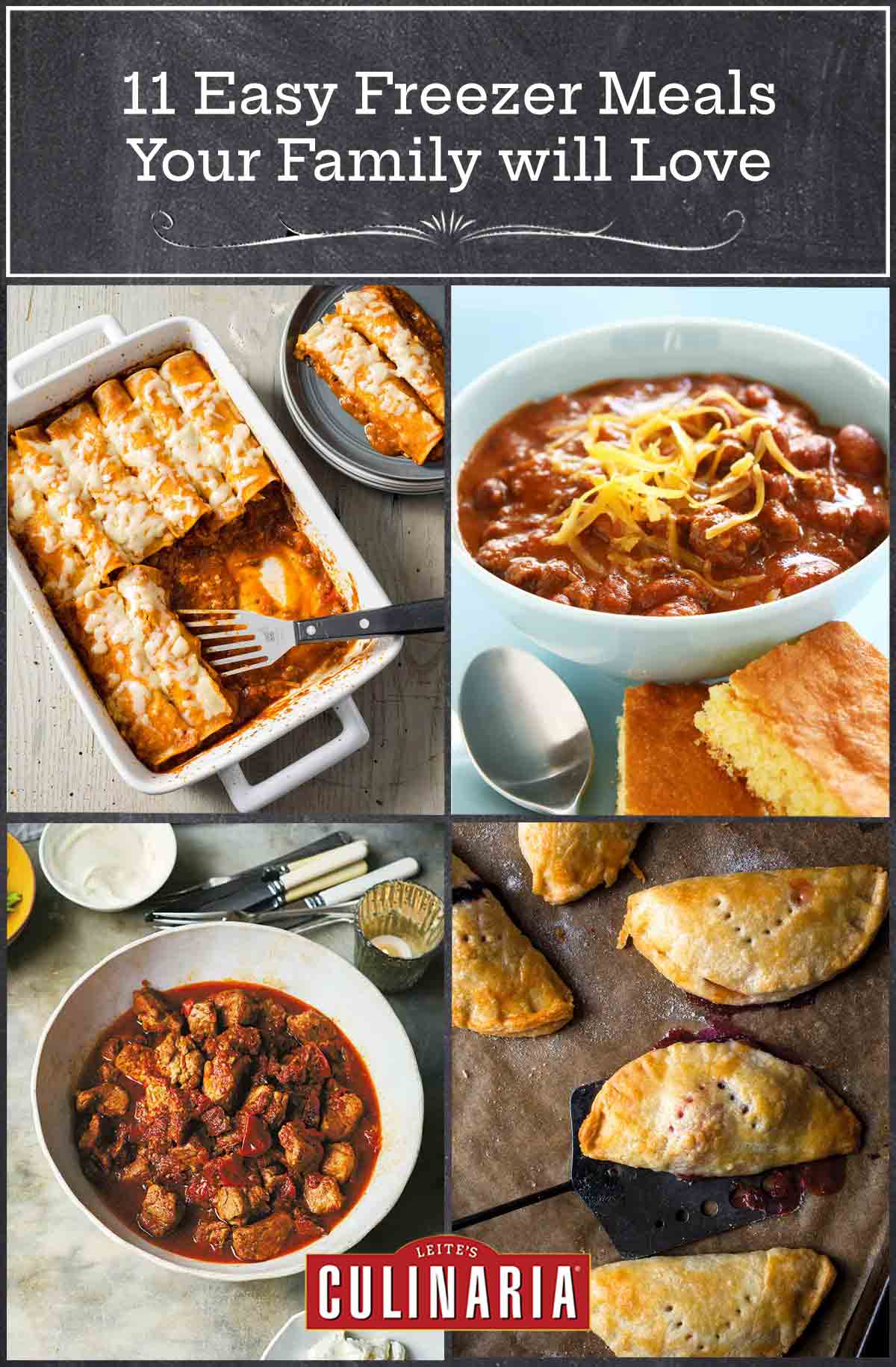A dish of chicken enchiladas, a bowl of chili topped with cheese, a bowl of pork tinga, and three fruit-filled hand pies on a baking sheet.