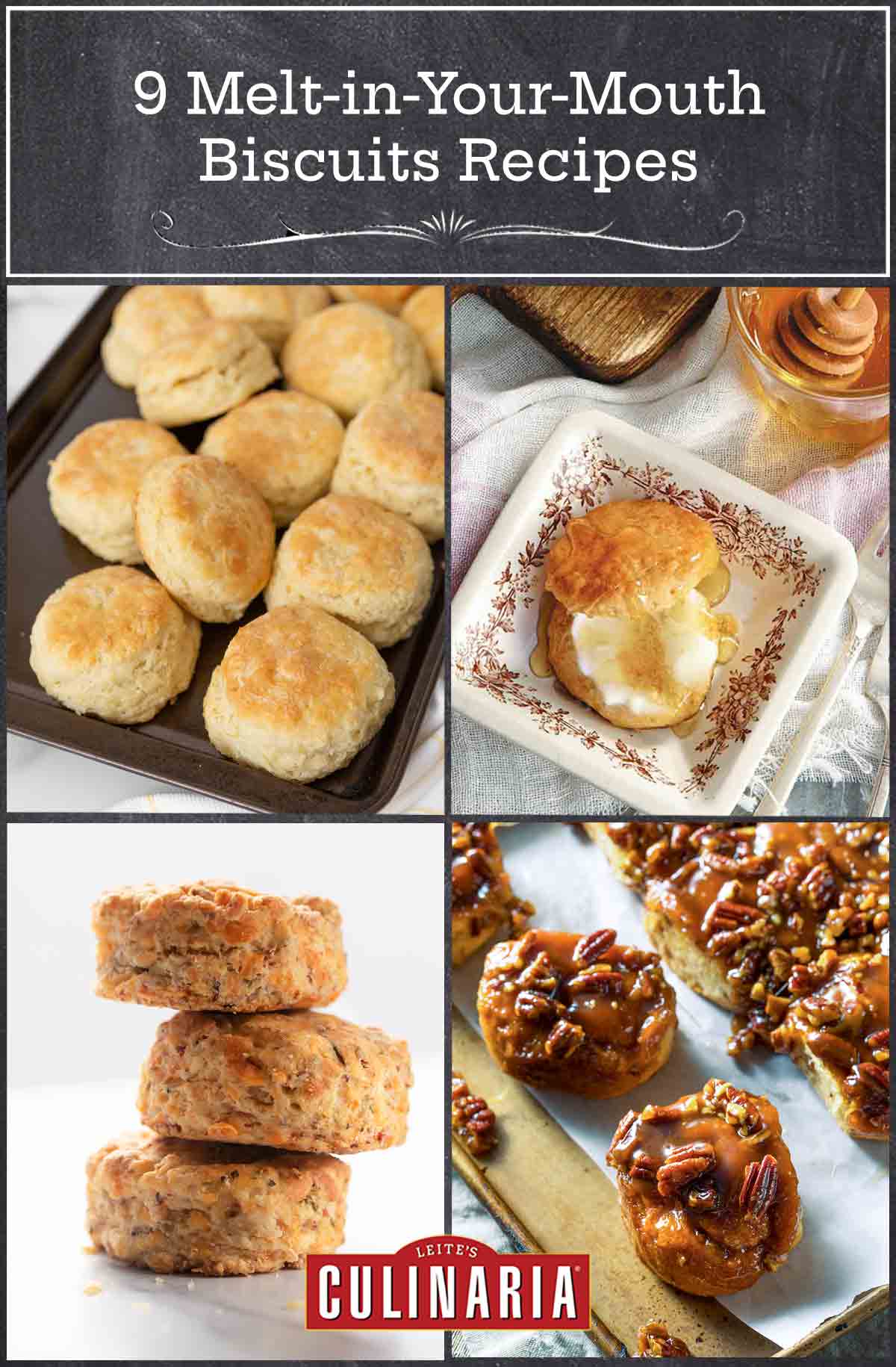 A tray of cream biscuits, a sweet potato biscuit on a plate, a stack of ham and cheddar biscuits, and a tray of sticky biscuits topped with pecans.