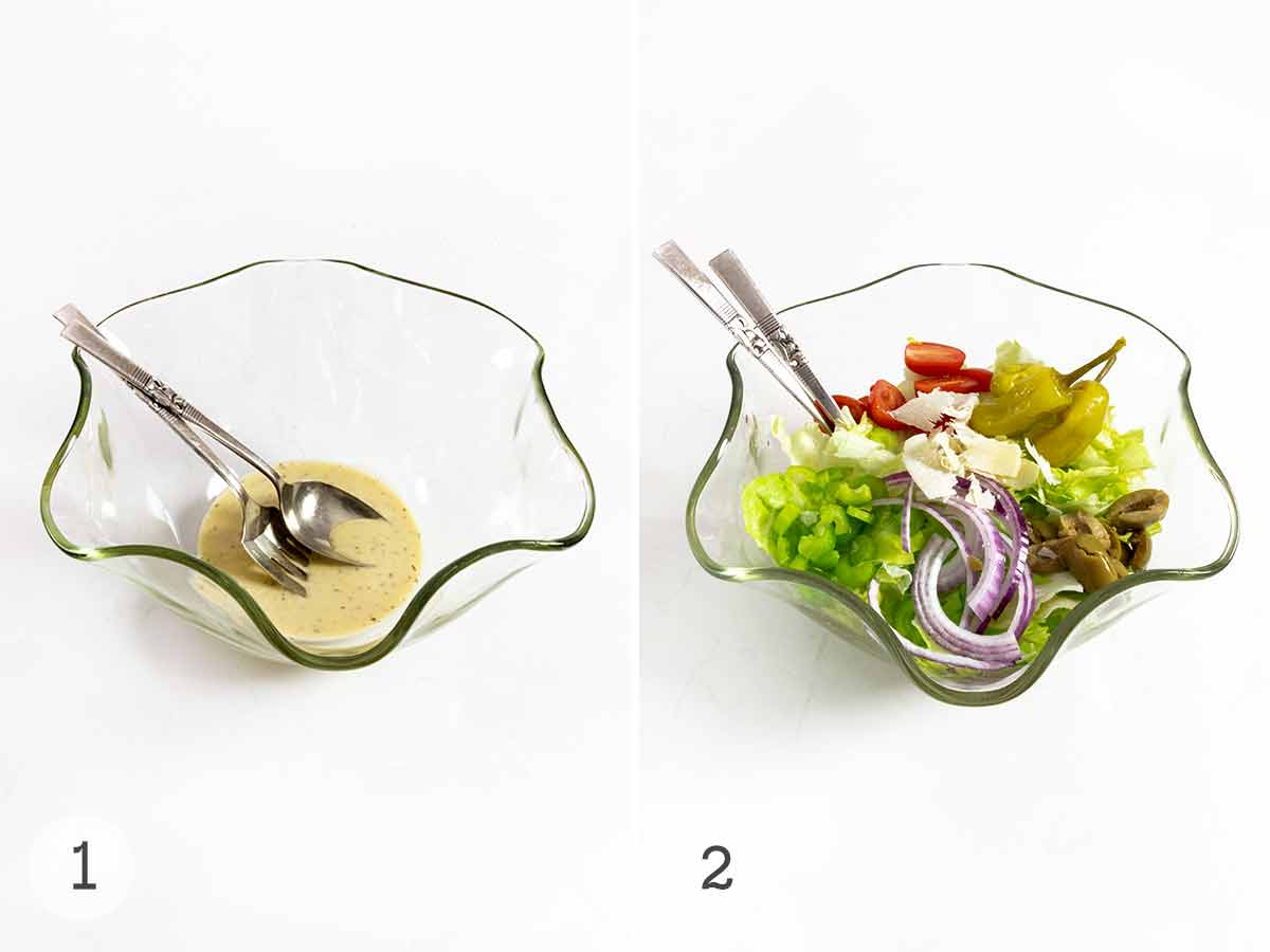 A bowl with salad dressing and serving utensils and another photo of the bowl filled with Italian salad ingredients.