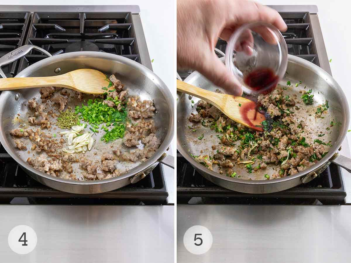 Fresh parsley and garlic being cooked in a skillet with sausage and red wine being poured into the skillet.