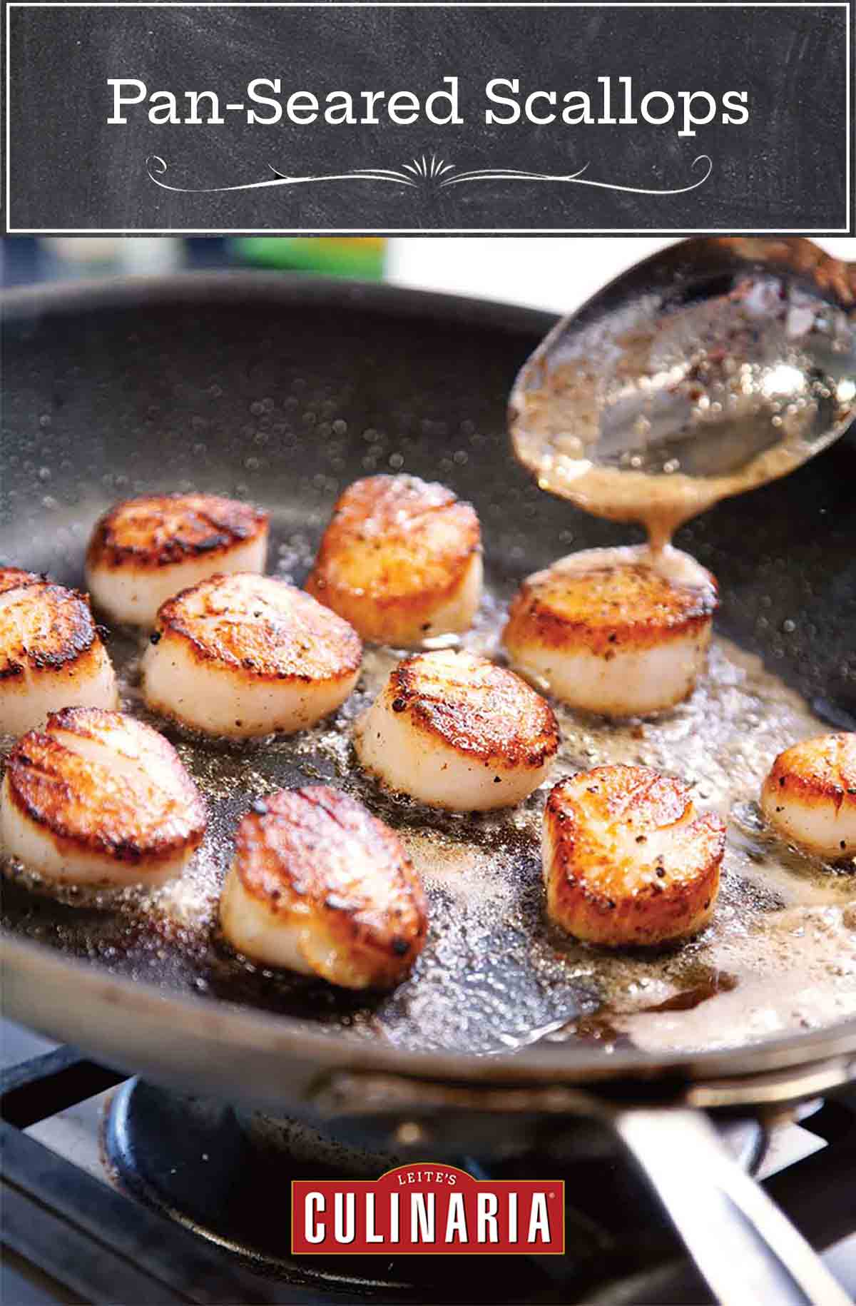 A skillet filled with pan seared scallops cooked in butter.