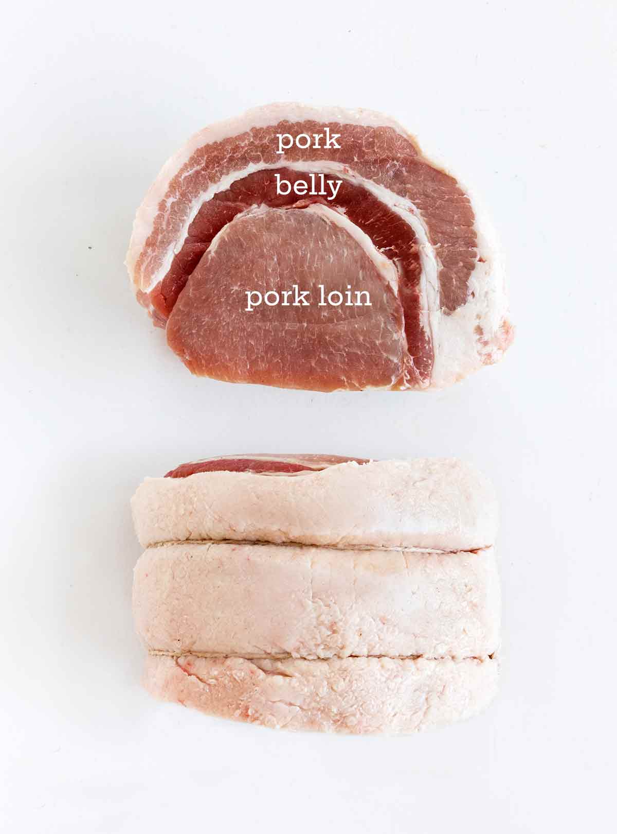A pork loin with a pork belly cap, sliced and labelled.