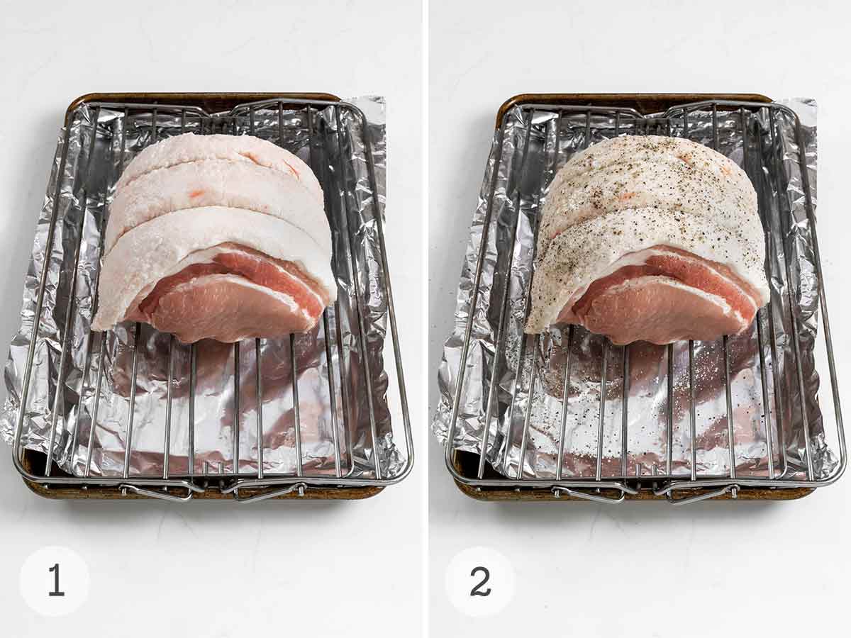 A pork loin on a rack set on a baking sheet, and a seasoned pork loin on a wire rack.