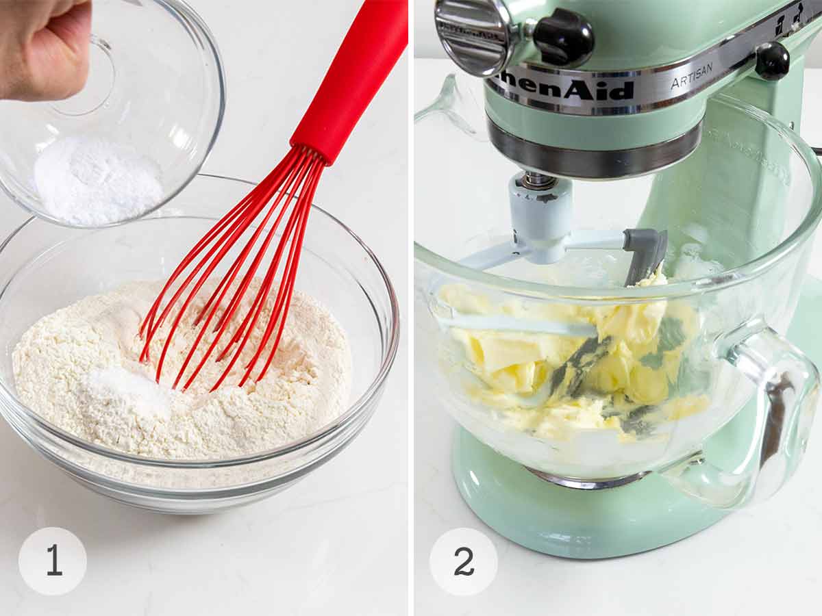 A bowl of dry ingredients being whisked together and a butter being creamed in a mixer.